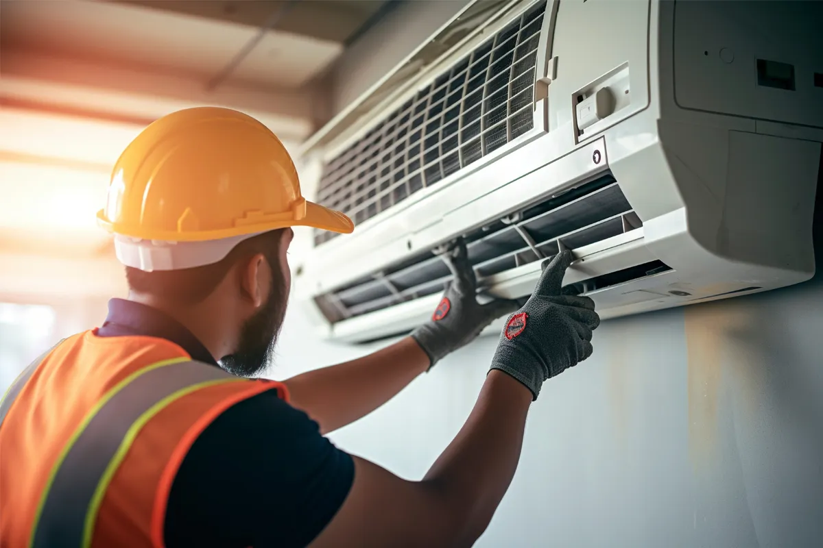 Engineer servicing HVAC unit